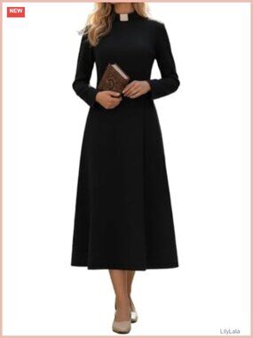 Long Sleeve Church Clergy Dress with Tab Insert Stand Collar